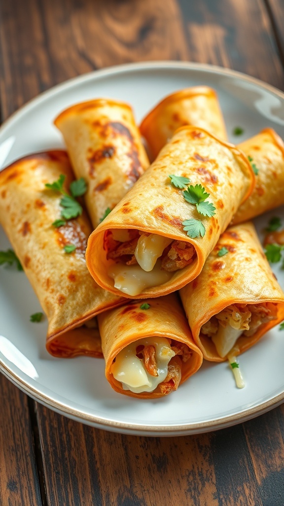 Crispy onion and cheese wraps on a plate, garnished with herbs, on a rustic wooden table.